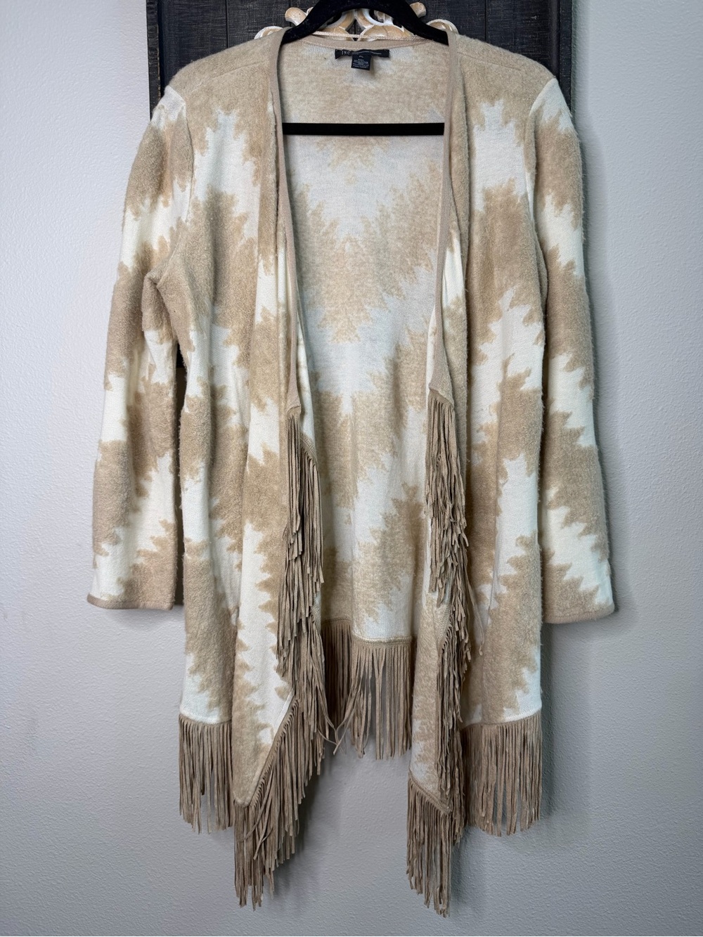 INC International Concepts Beige & White Fringe Open-Front Cardigan L-Petite